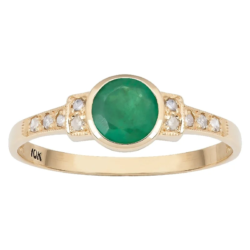 Women’s birthstone ring-Viducci 10k Yellow Gold Vintage Style Genuine Emerald and Diamond Ring