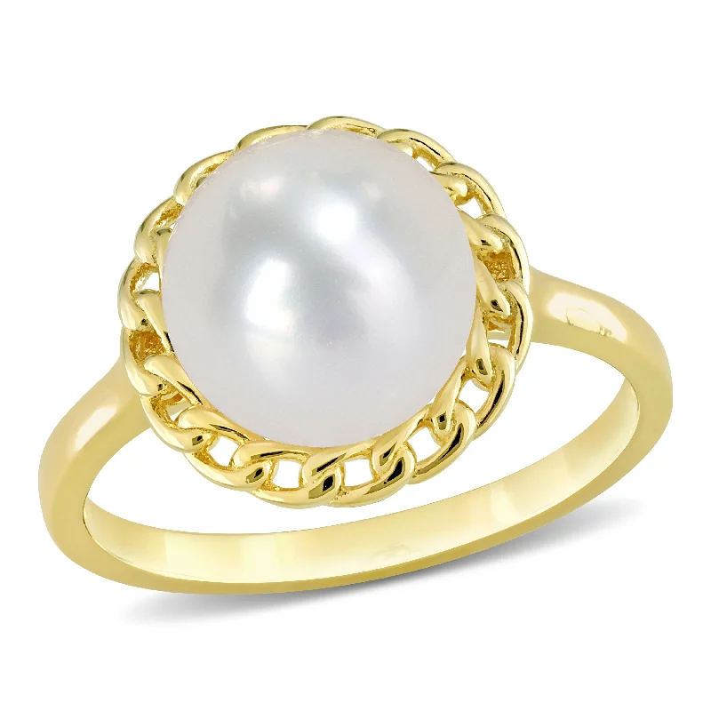 Women’s wedding band ring-Miadora 9-9.5mm Cultured Freshwater Pearl Halo Link Ring in Yellow Silver