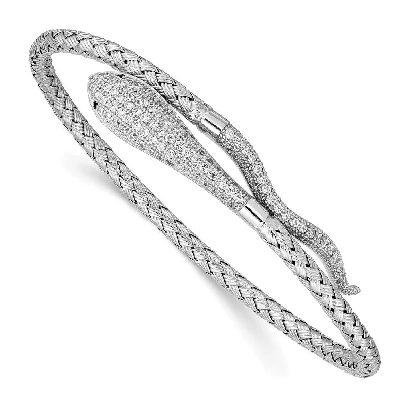 Women’s gold tennis bracelet-Sterling Silver Polish Rhodium-plated Braided CZ Snake Bangle-WBC-QB911