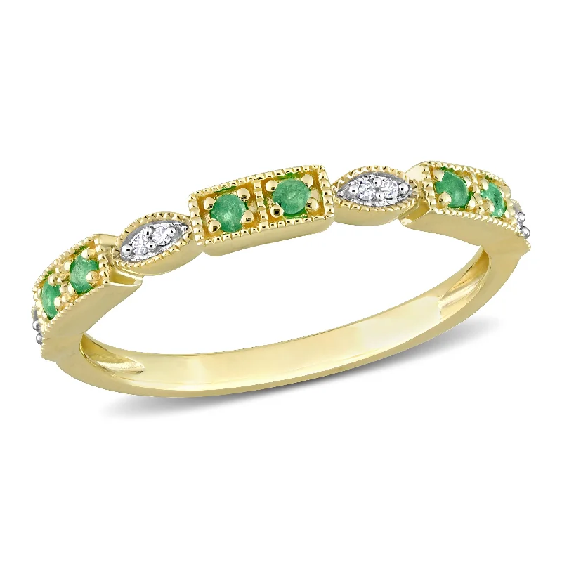 Women’s cushion cut ring-Miadora 1/8ct TGW Emerald and Diamond Accent Semi-Eternity Ring in 10k Yellow Gold