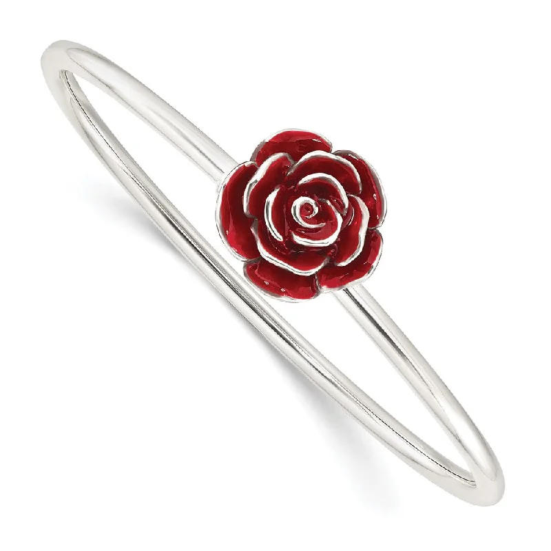 Women’s bangle set-Sterling Silver Polished Enameled Rose Flexible Bangle-WBC-QB1386