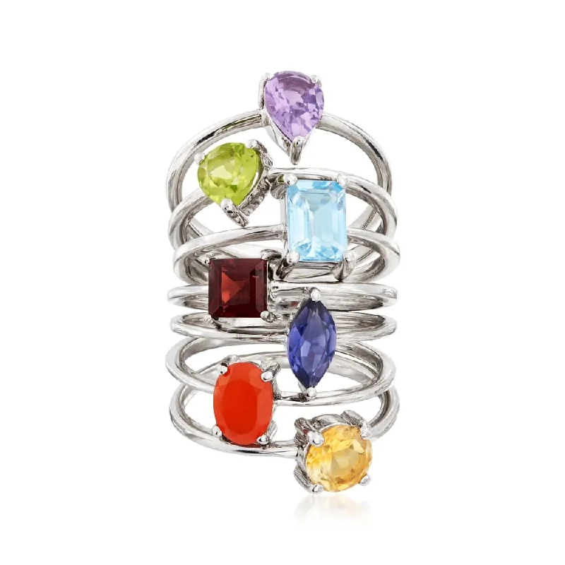 Women’s geometric ring-Sterling Silver Multi Gemstone, Multi Shapes 7 Ring Sets