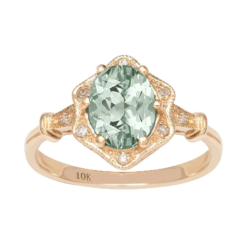 Women’s gemstone ring-Viducci 10k Yellow Gold Vintage Style Genuine Oval Green Amethyst and Diamond Halo Ring