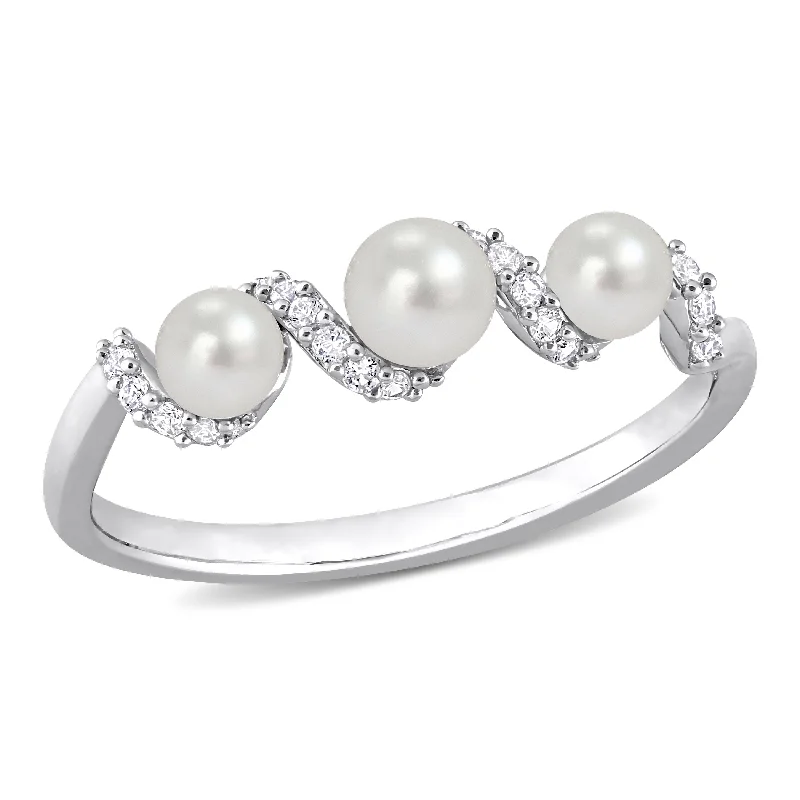 Women’s romantic ring-Miadora Cultured Freshwater Pearl and 1/4ct TGW Created White SapphireSwirl Ring in Sterling Silver