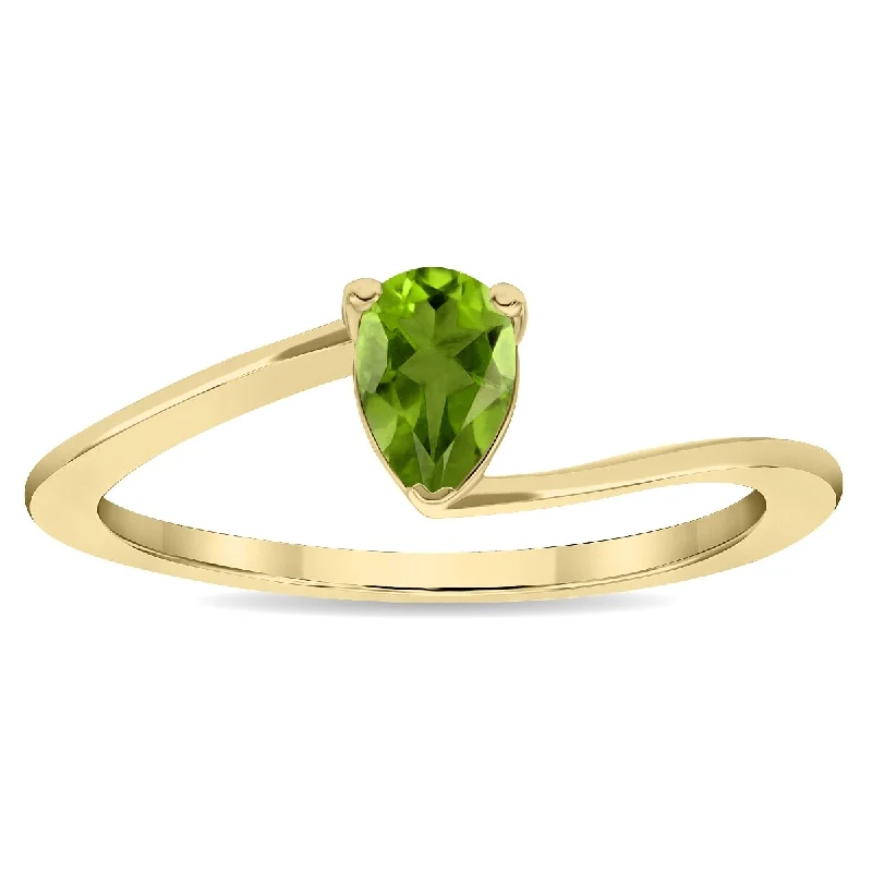 Women’s trendy ring-Women's Solitaire Pear Shaped Peridot Wave Ring in 10K Yellow Gold