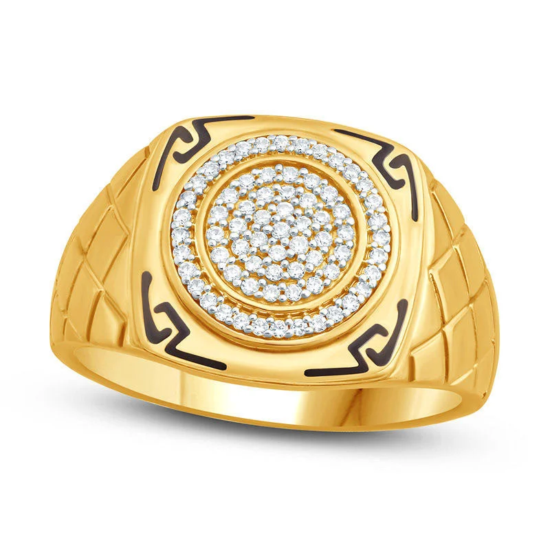 Women’s cushion diamond engagement rings-Men's 0.25 CT. T.W. Composite Natural Diamond and Enamel Aztec Design Square Signet Ring in Solid 10K Yellow Gold