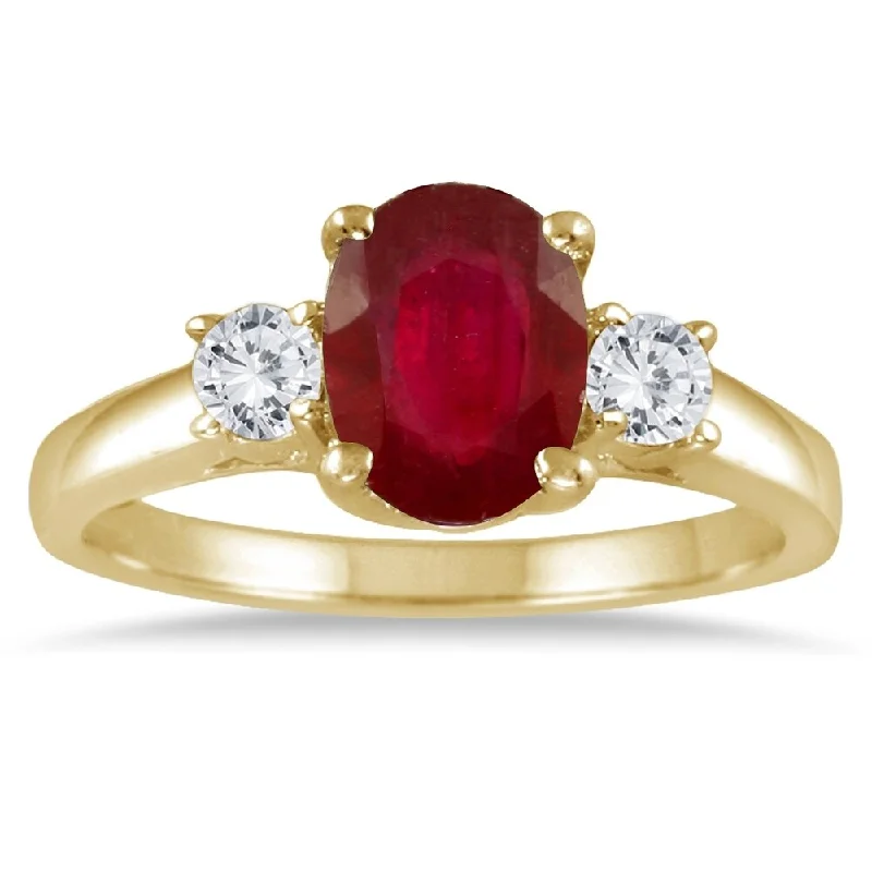 Women’s diamond halo ring-1.35 Carat Ruby and Diamond Three Stone Ring in 14K Yellow Gold