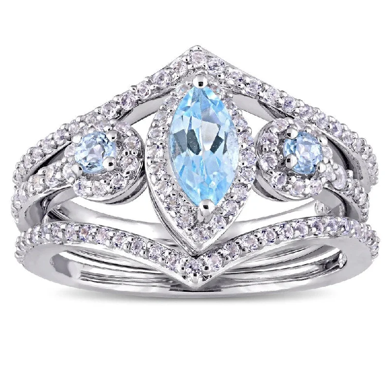 Women’s signet ring-Miadora Sterling Silver Marquise-Cut Sky-Blue Topaz and White Topaz Three-Piece Ring Set - Blue