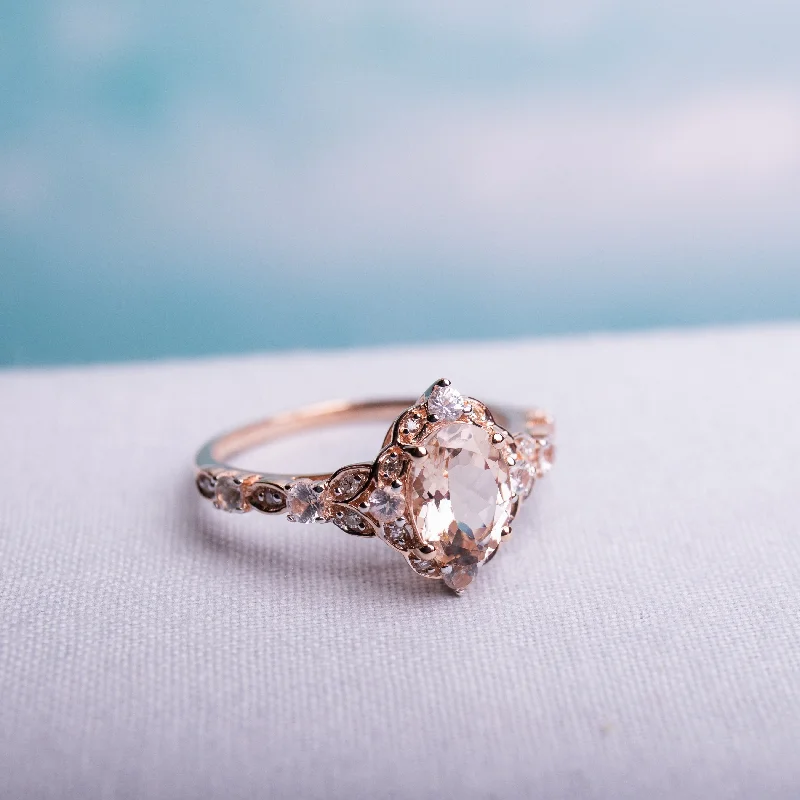 Women’s diamond ring-14k Rose Gold Morganite White Sapphire and Diamond Accent Vintage Ring by Miadora