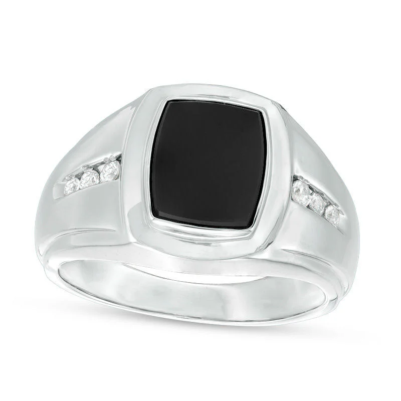 Women’s vintage engagement rings-Men's Barrel-Shaped Onyx and 0.13 CT. T.W. Natural Diamond Signet Ring in Sterling Silver