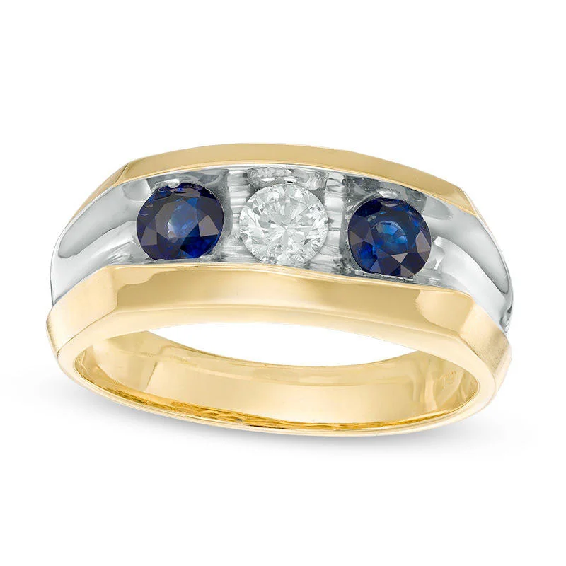 Women’s oval engagement rings-Men's Blue Sapphire and 0.33 CT. Natural Diamond Three-Stone Ring in Solid 10K Yellow Gold