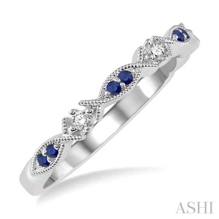 Women’s engagement rings with colored diamonds-1.25 MM Round Cut Blue Sapphire and 1/20 Ctw Round Cut Diamond Half Eternity Wedding Band in 14K White Gold