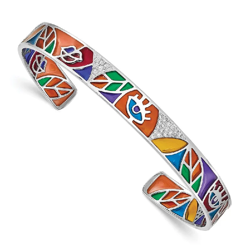 Women’s classic bracelet-Sterling Silver Rhod-plated Abstract Multicolor Enamel CZ Cuff Bangle-WBC-QB1318