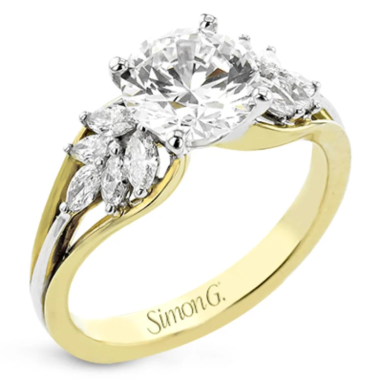 Women’s beautiful engagement rings-18 kt. floral inspired engagement ring has a yellow gold split shank and marquise side diamonds of .41 ctw set in white gold, along side the center stone creating the look of glimmering leaves