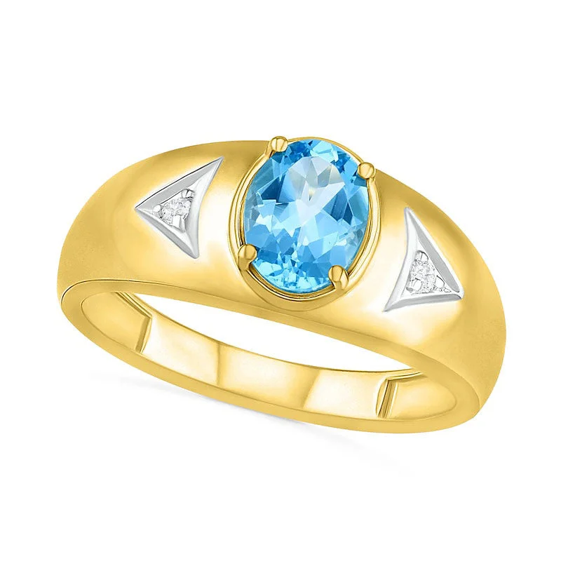 Women’s simple diamond engagement rings-Men's Oval Blue Topaz and Natural Diamond Accent Triangle Side Accent Ring in Solid 10K Yellow Gold