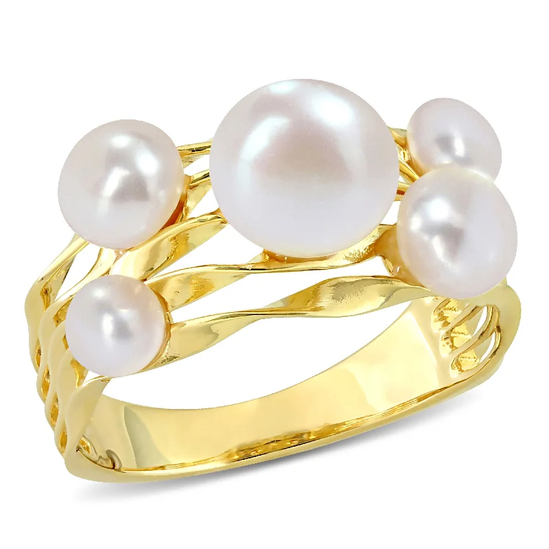 Women’s fashion ring-Miadora 4-7.5mm Cultured Freshwater Pearl Cocktail Coil Ring in Yellow Plated Sterling Silver