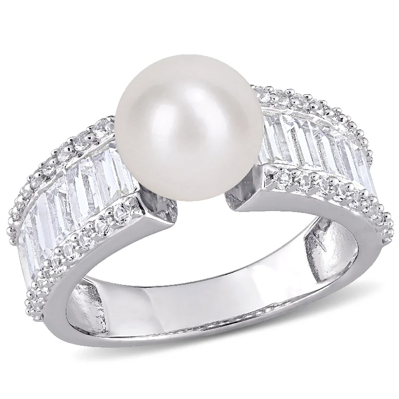 Women’s heirloom ring-Miadora Sterling Silver FW Cultured Pearl & Created White Sapphire Multi-row Cocktail Ring (8-8.5mm)