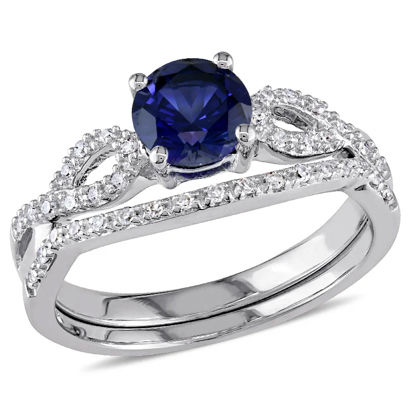 Women’s simple gold ring-Miadora 10k White Gold Created Blue Sapphire and 1/6ct TDW Diamond Bridal Ring Set