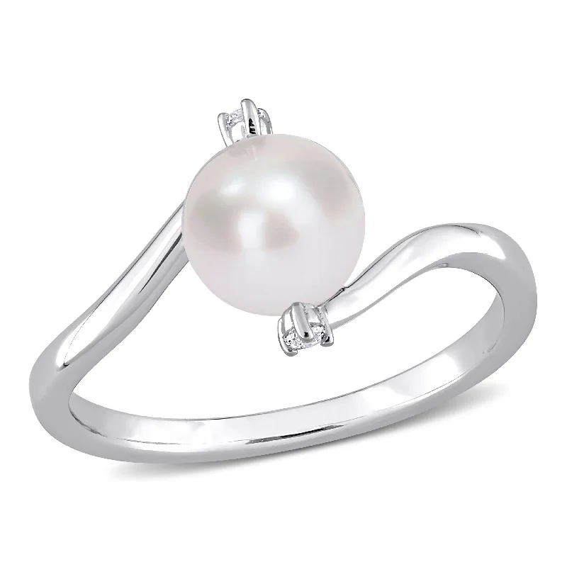 Women’s heart-shaped ring-Miadora Sterling Silver Cultured FW Pearl & Created White Sapphire 3-Stone Bypass Ring (7-7.5mm)