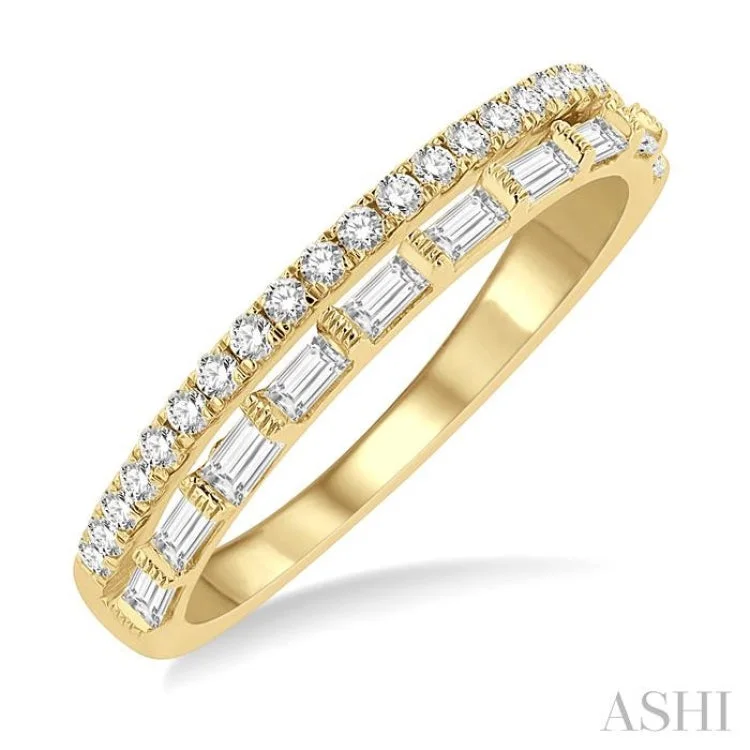 Women’s gold diamond engagement rings-1/2 ctw Parallel Row Baguette and Round Cut Diamond Stackable Fashion Band in 14K Yellow Gold