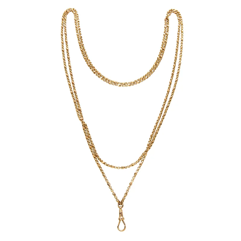 Women’s minimalist gold necklace-Victorian 15K Yellow Gold Guard Chain Necklace 57″