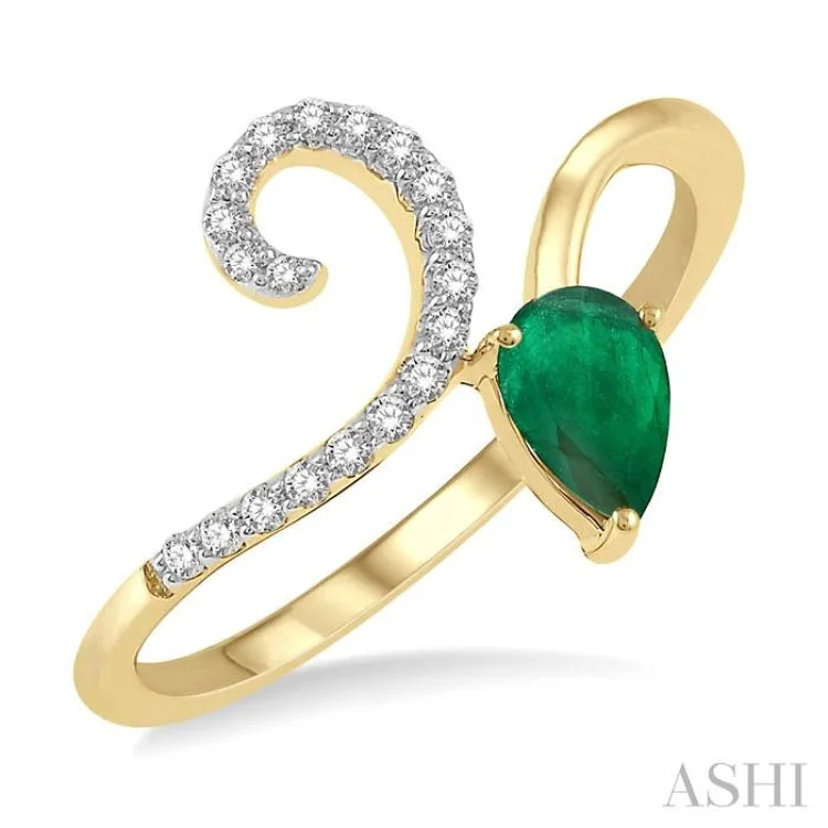 Women’s custom engagement rings-1/10 Ctw Pear Shape 6x4mm Emerald & Round Cut Diamond Precious Ring in 10K Yellow Gold