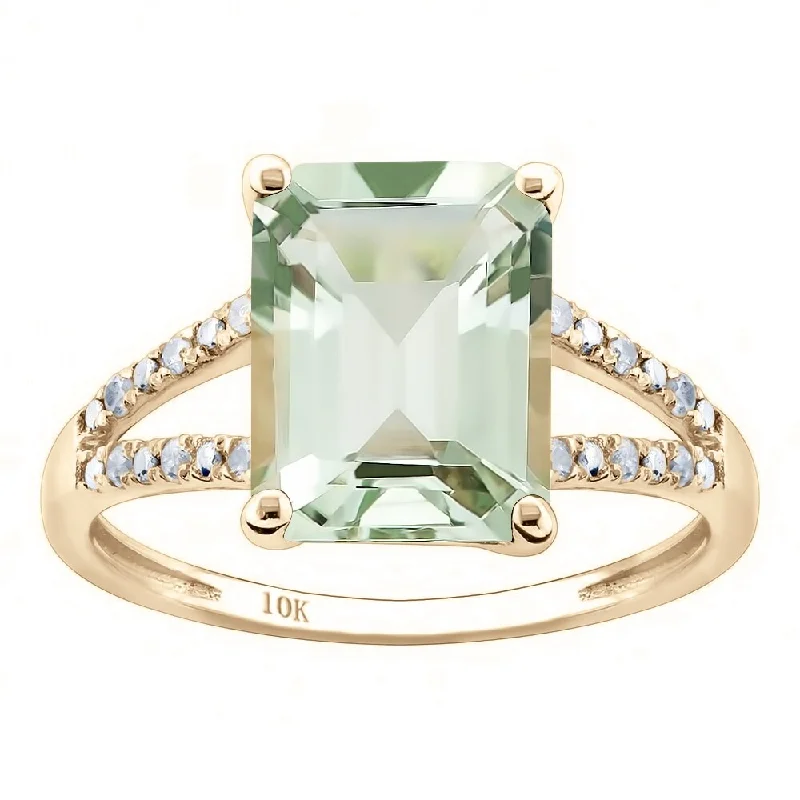 Women’s gold ring-Viducci 10k Yellow Gold Genuine Emerald-Shape Green Amethyst and Split-Shank Diamond Ring