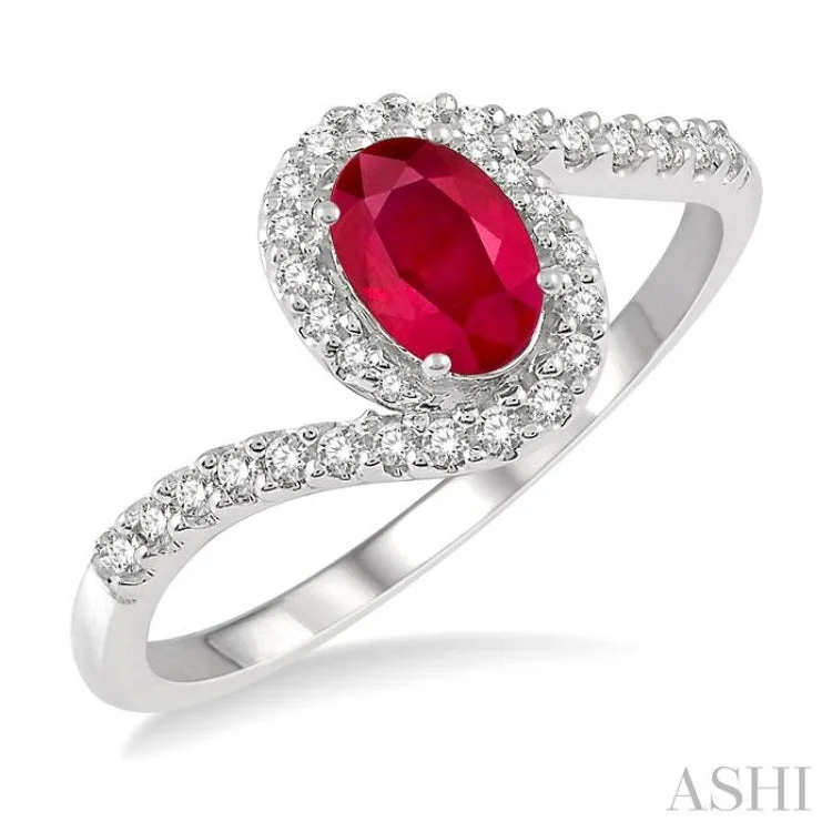 Women’s band engagement rings-1/5 Ctw Embraced Oval Shape 6x4mm Ruby & Round Cut Diamond Precious Ring in 10K White Gold