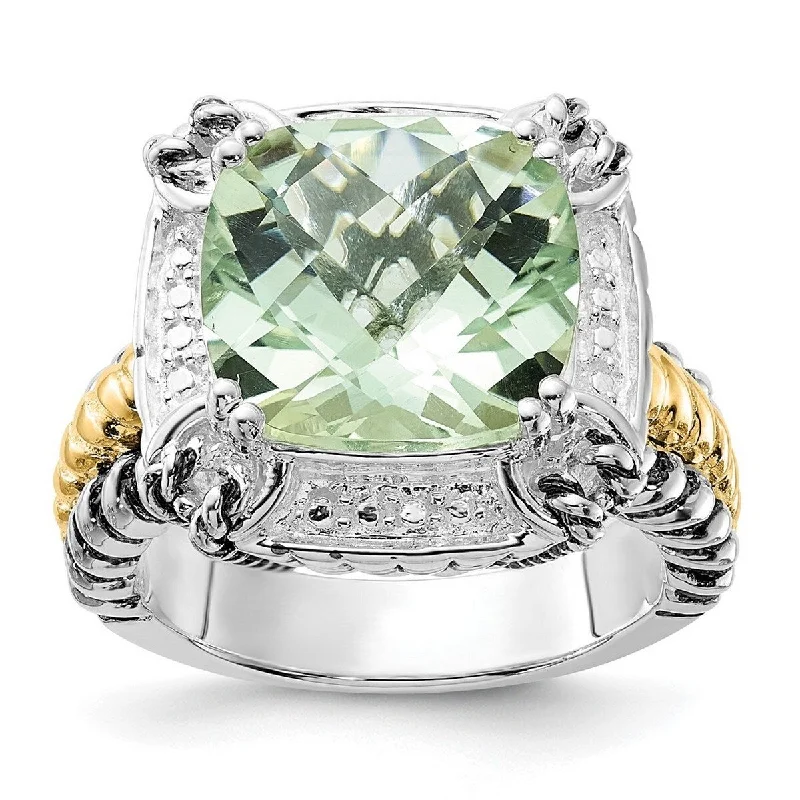 Women’s bold ring-Curata 925 Sterling Silver Solid 14k Gold Large Green Amethyst Vintage Ring