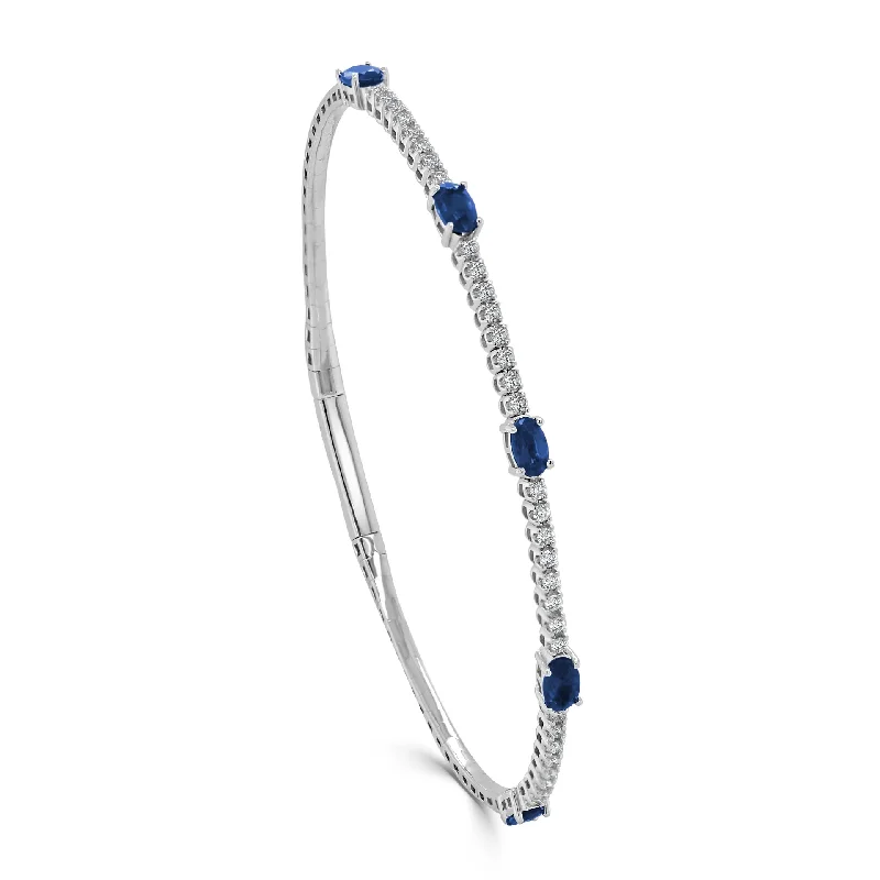 Women’s double bracelet set-Oval Sapphire & Diamond Flexible Bangle in 14K White Gold