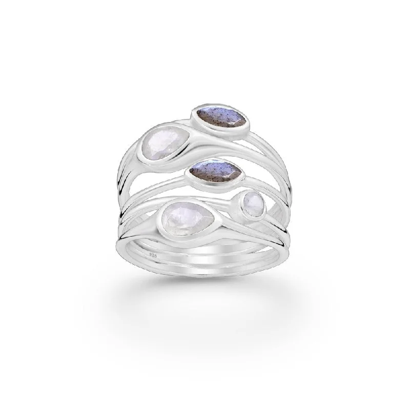 Women’s floral ring-Sterling Silver Multi-Band Labradorite and Rainbow Moonstone Ring