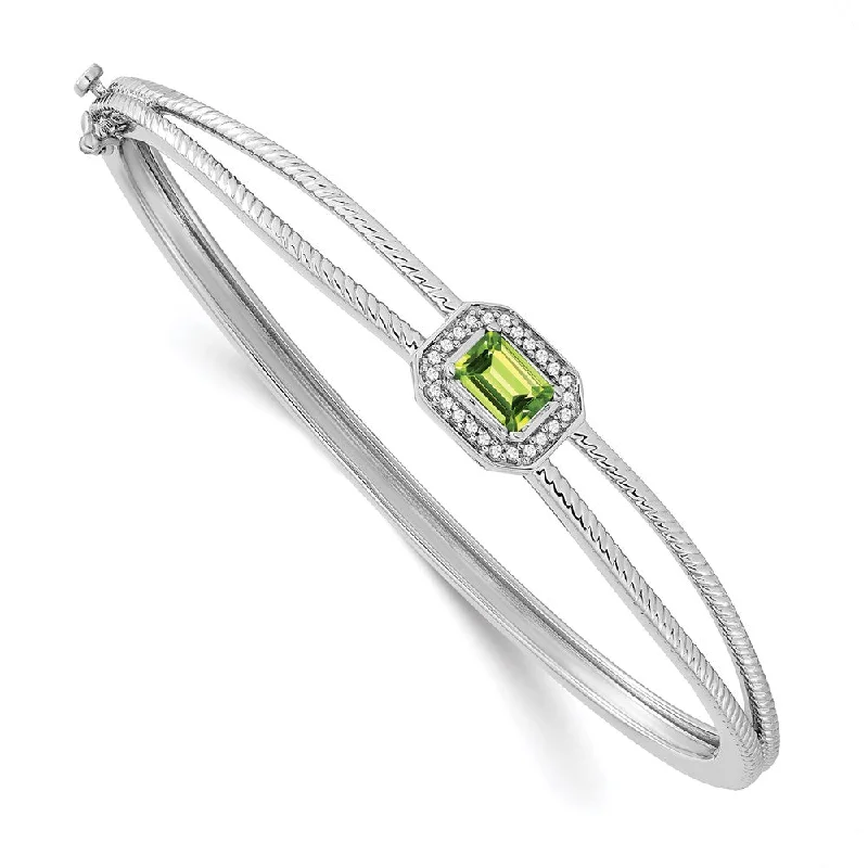 Women’s silver charm bracelet-14k White Gold Emerald-shape Peridot and Diamond Halo Bangle-WBC-BM7091-PE-011-WA