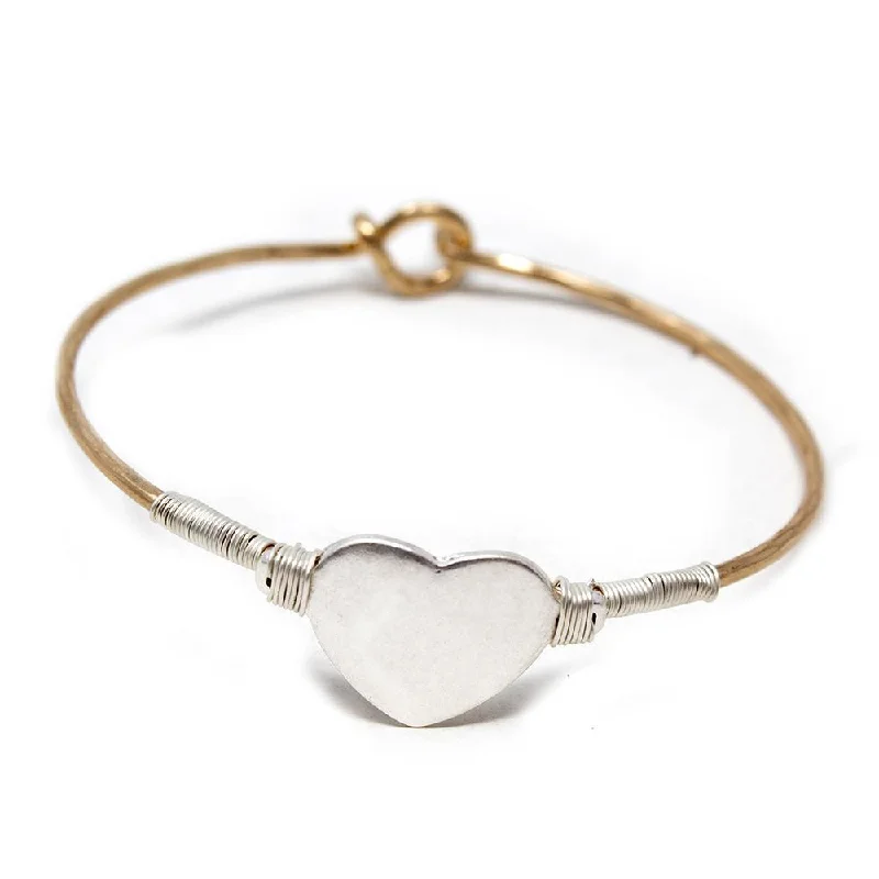 Women’s moonstone bracelet-Two Tone Heart Hook Bangle Silver T