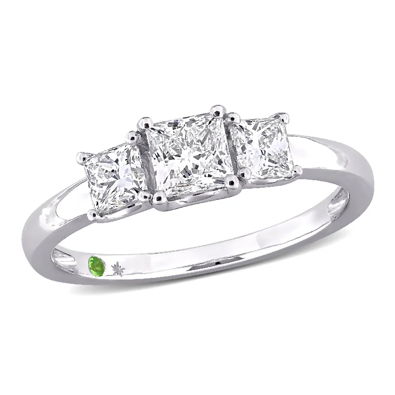 Women’s gemstone ring-Created Forever by Miadora 1ct TDW Princess-Cut Lab-Grown Diamond and Tsavorite Accent Three-Stone Ring in 14k White Gold