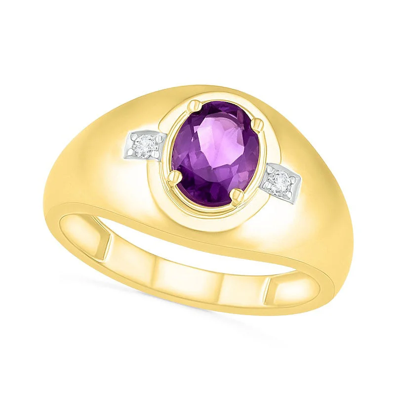 Women’s statement diamond engagement rings-Men's Oval Amethyst and 0.05 CT. T.W. Natural Diamond Side Accent Signet Ring in Solid 10K Yellow Gold