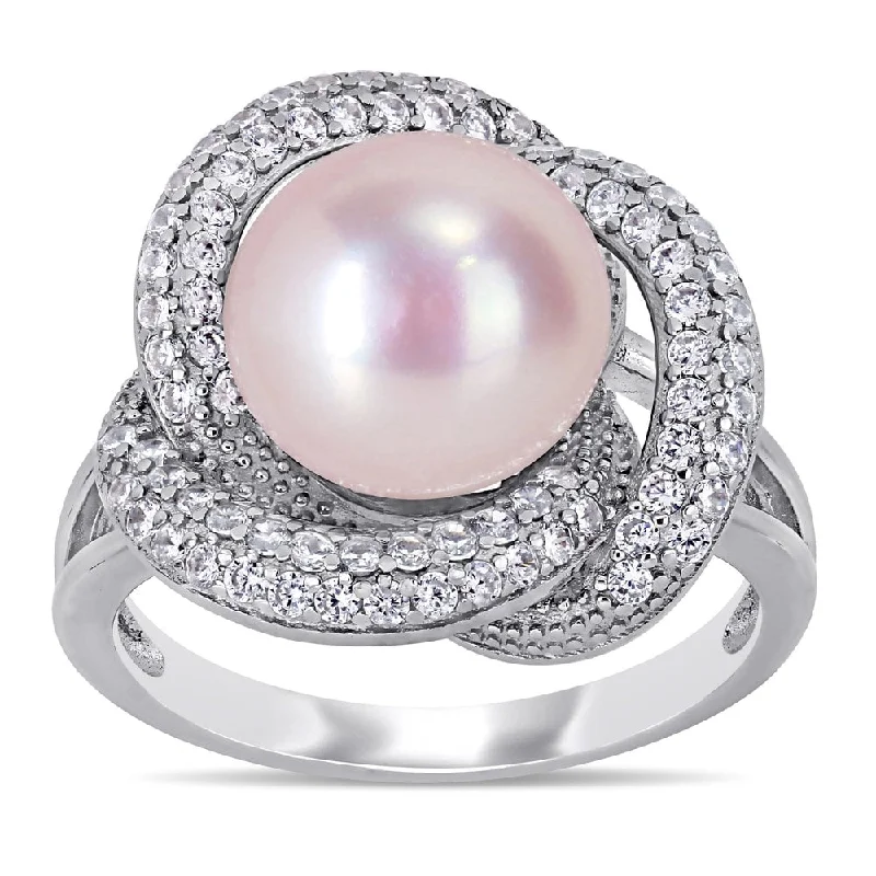 Women’s emerald ring-Miadora Sterling Silver Pink Cultured FW Pearl and CZ Swirl Floral Halo Ring (10-11 mm)