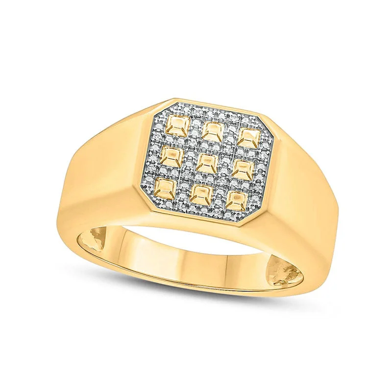 Women’s diamond engagement rings-Men's Natural Diamond Accent Grid Pattern Octagonal Signet Ring in Sterling Silver with Solid 14K Gold Plate