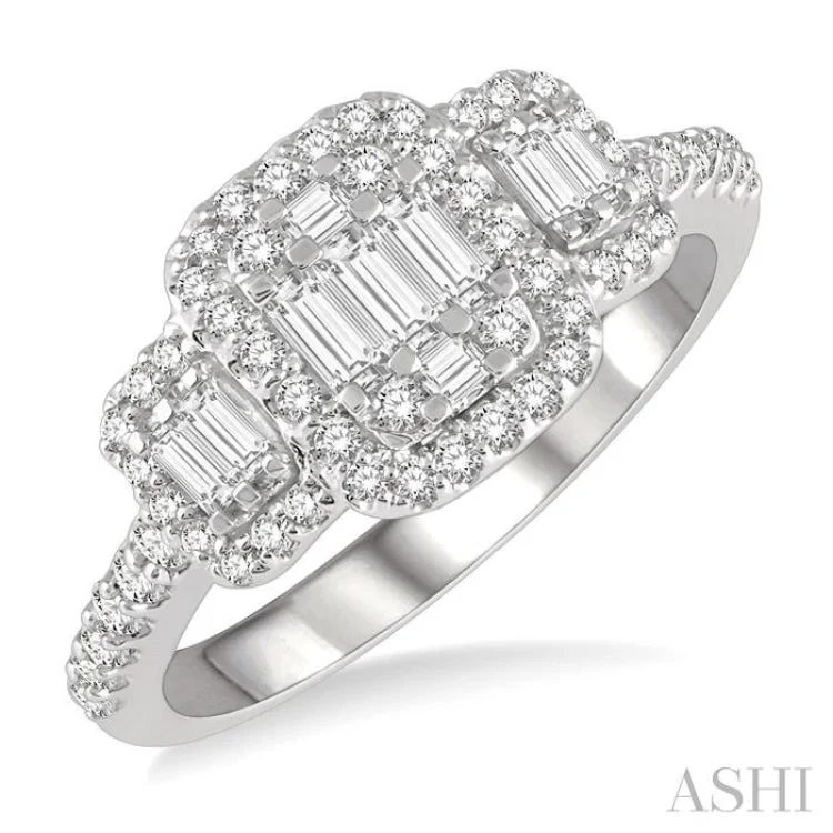 Women’s elegant engagement rings-3/4 Ctw Triple Mount Baguette & Round Cut Fusion Diamond Ring in 14K White Gold