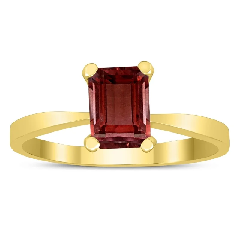 Women’s infinity ring-Emerald Shaped 7X5MM Garnet Solitaire Ring in 10K Yellow Gold