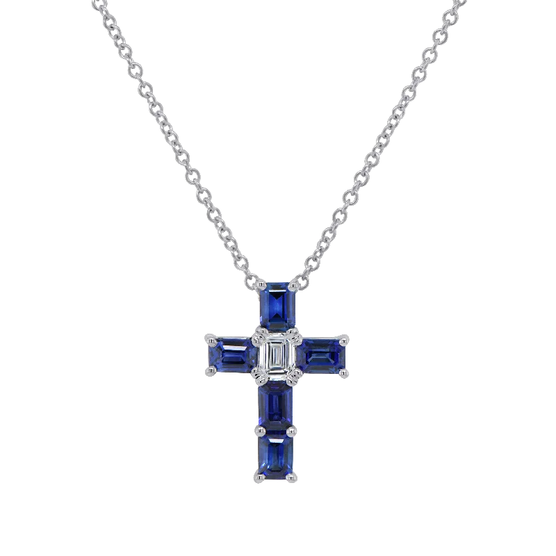 Women’s gemstone drop necklace-Diamond and Blue Sapphire Cross Brooch Pendant