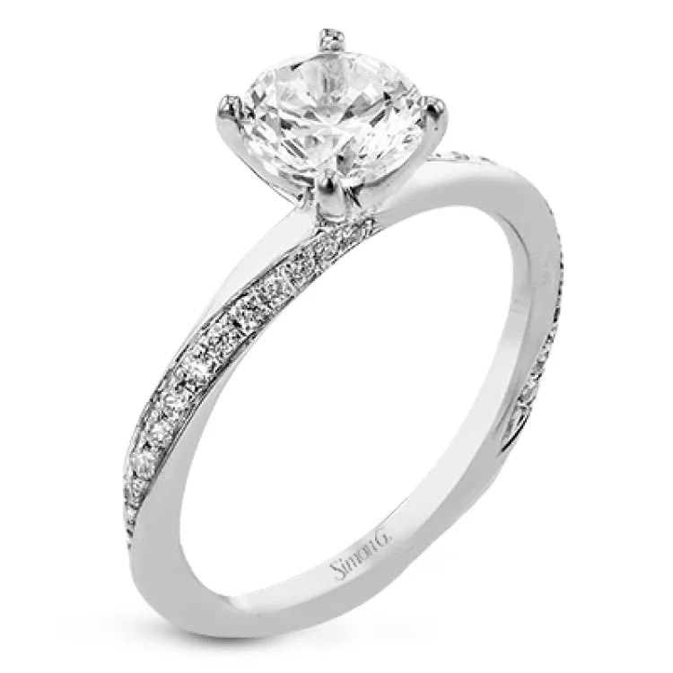 Women’s sapphire engagement rings-Unique twist design engagement ring with 0.19 ctw white diamonds set in a brushed white gold finish.