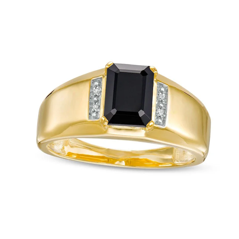 Women’s solitaire engagement ring with diamonds-Men's Emerald-Cut Onyx and Natural Diamond Accent Collar Ring in Solid 10K Yellow Gold