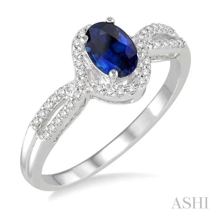 Women’s luxury engagement rings-6x4 MM Oval Cut Sapphire and 1/6 Ctw Round Cut Diamond Ring in 10K White Gold