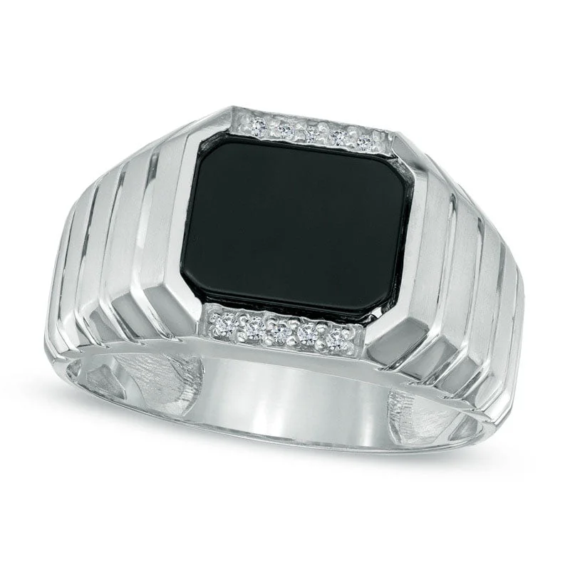 Women’s classic engagement rings-Men's Rectangular Onyx and Natural Diamond Accent Ring in Solid 14K White Gold