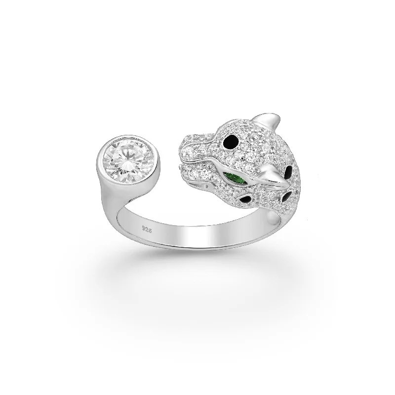 Women’s wedding ring-Green and Black Cubic Zirconia and Sterling Silver Panther Bypass Ring