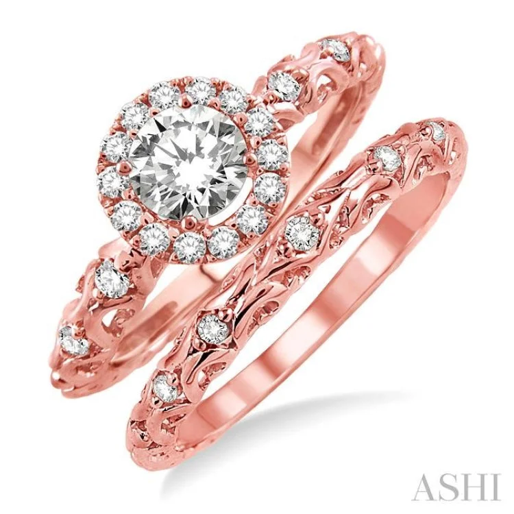 Women’s floral engagement rings-3/8 Ctw Diamond Wedding Set with 1/3 Ctw Round Cut Engagement Ring and 1/20 Ctw Wedding Band in 14K Rose Gold