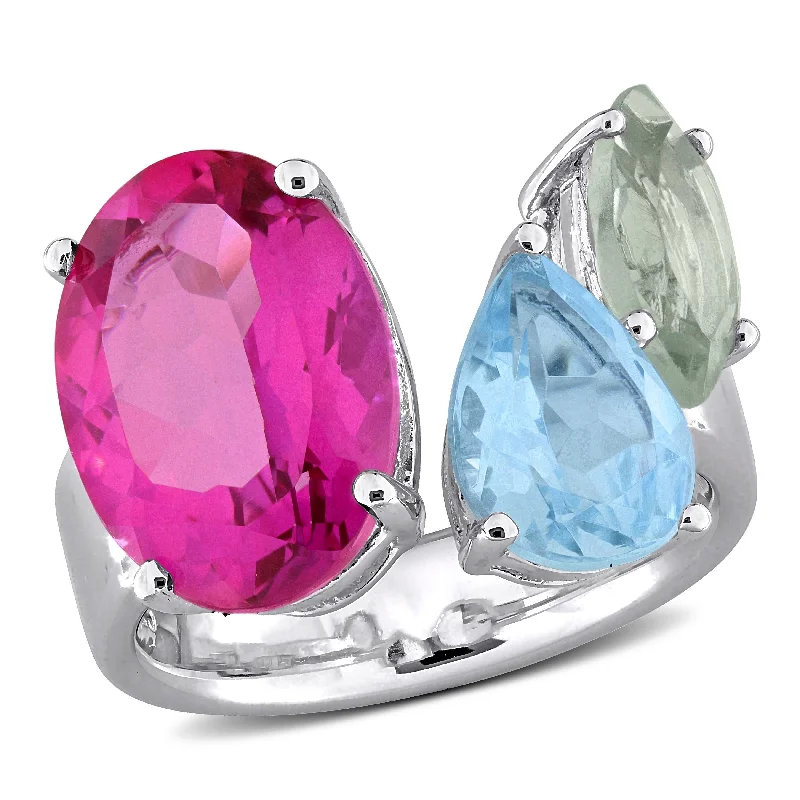 Women’s platinum ring-Miadora 10ct TGW Pink Topaz Sky Blue Topaz Green Quartz Open Ring in Sterling Silver