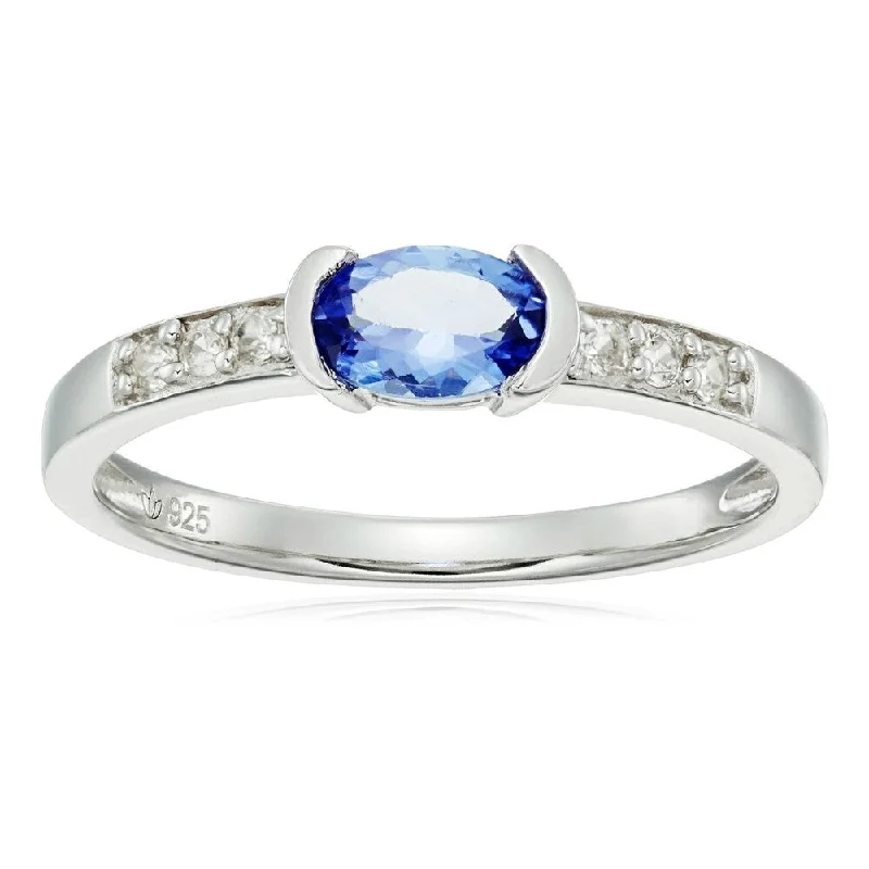 Women’s stacked gemstone rings-Sterling Silver Tanzanite and Natural White Zircon Ring, Size 7 - Blue